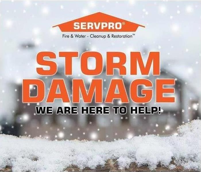 storm damage in orange letters with snow background