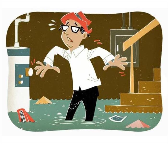 cartoon flooded basement with man