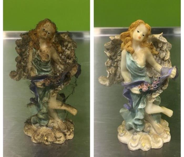 soot damaged figurine before and after ultrasonic cleaning